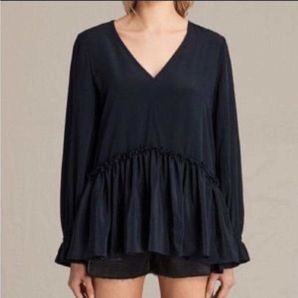 All Saints Alia Silk Long Sleeve Top Large Black